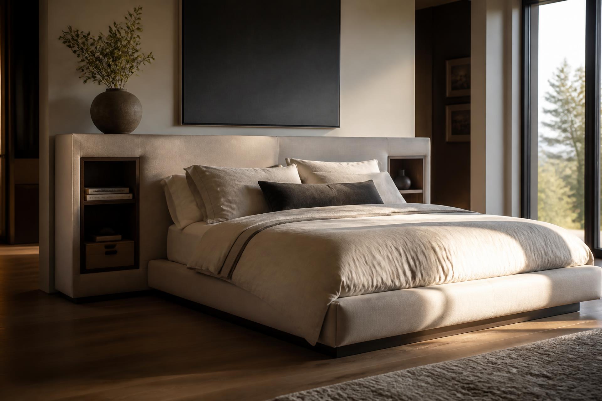RESTORA upholstered platform bed with storage headboard in a luxury bedroom