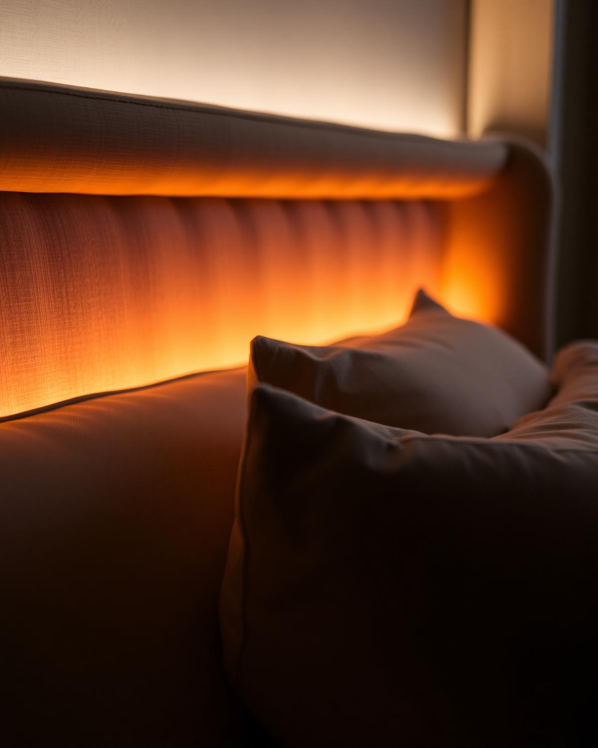 Warm LED glow behind the headboard