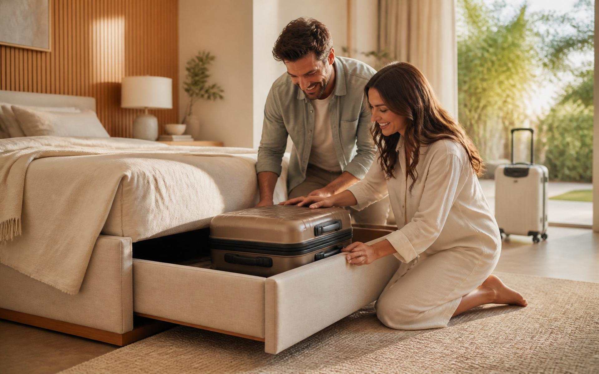 A couple sliding luggage into a RESTORA storage bed