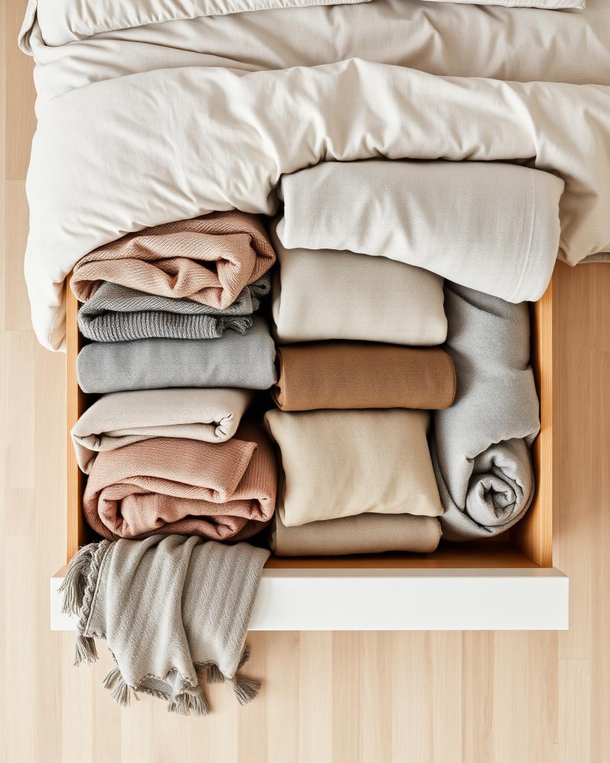 Open drawer with folded blankets