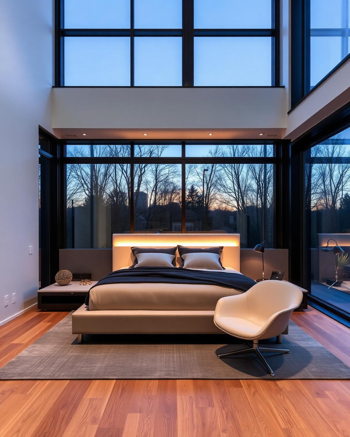 RESTORA bedroom at dawn with LED headboard